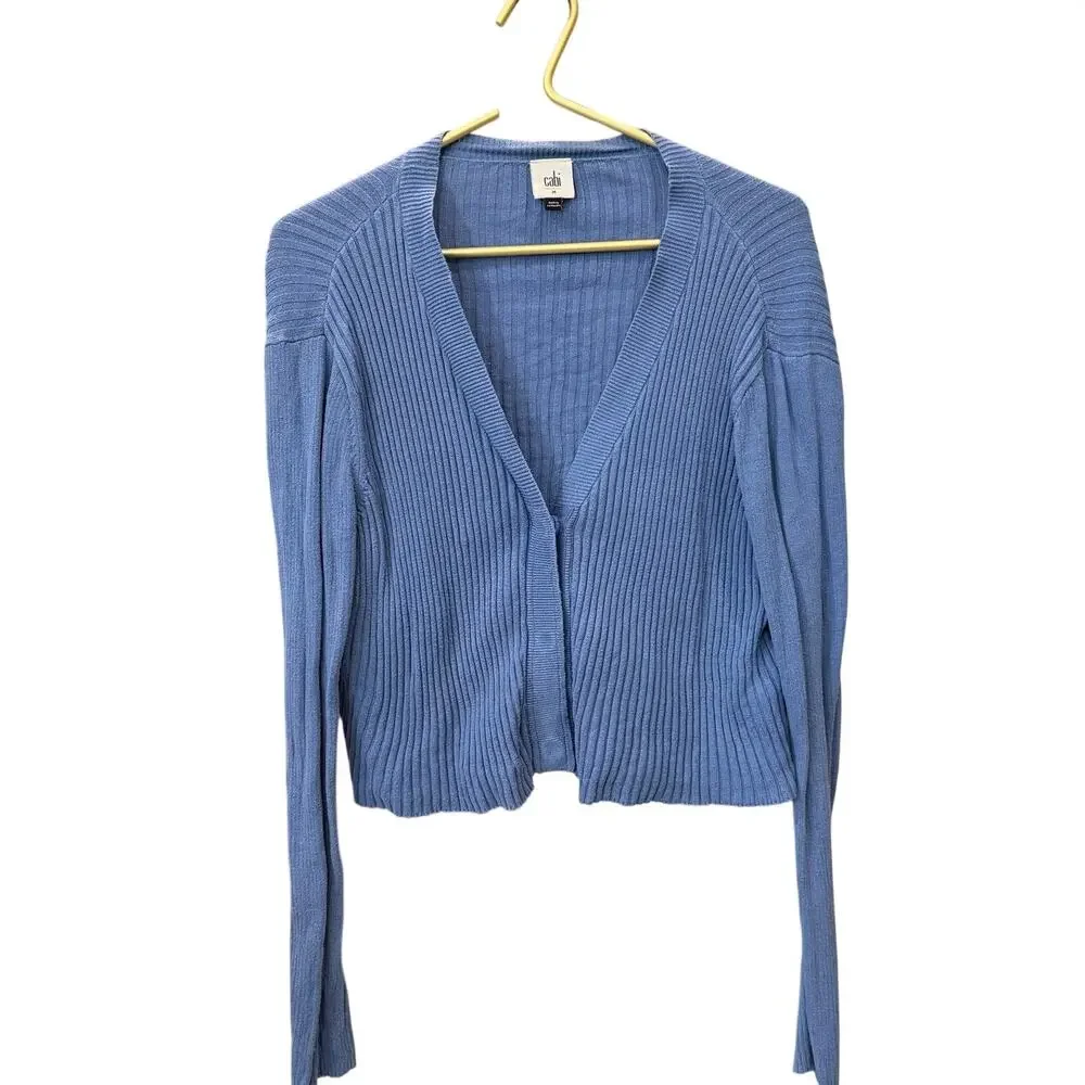 Cabi Snapshot Cardigan M Blue Cropped Ribbed Knit Snap V Neck Sweater 6173